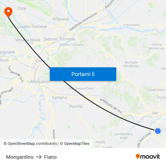 Mongardino to Fiano map