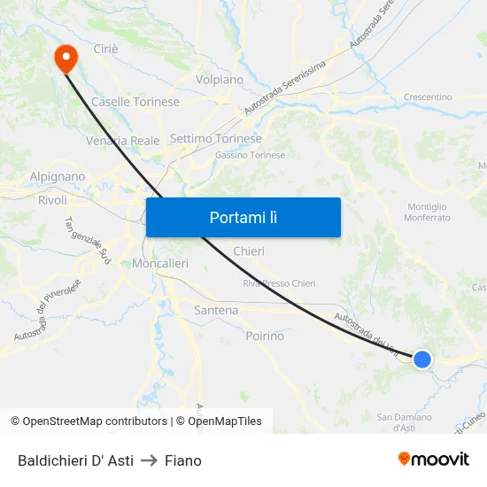 Baldichieri D' Asti to Fiano map