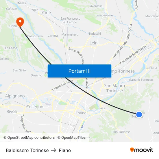 Baldissero Torinese to Fiano map