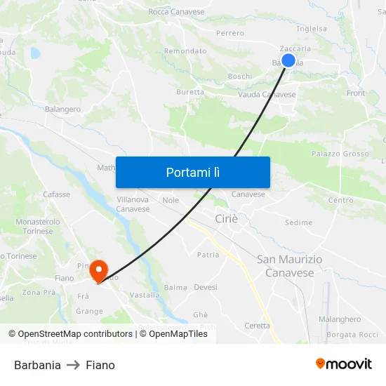 Barbania to Fiano map