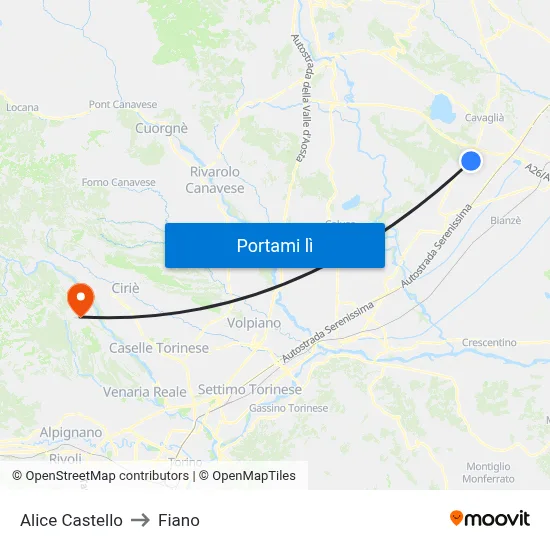 Alice Castello to Fiano map