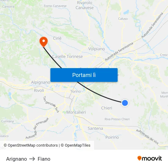 Arignano to Fiano map