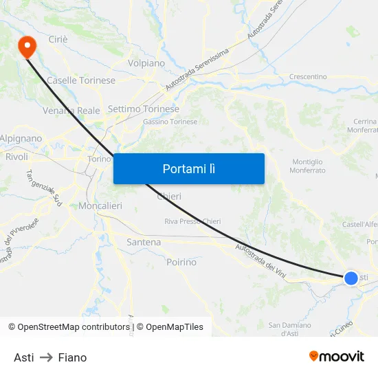 Asti to Fiano map
