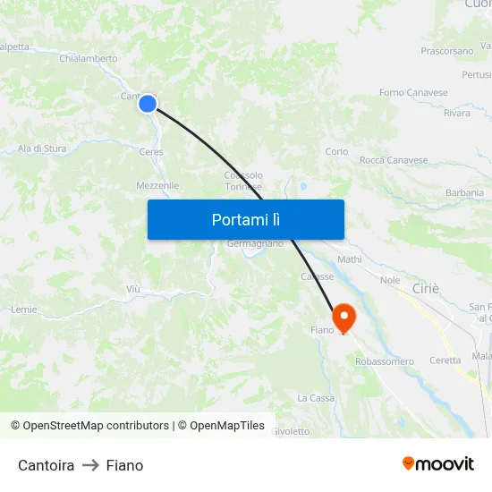 Cantoira to Fiano map