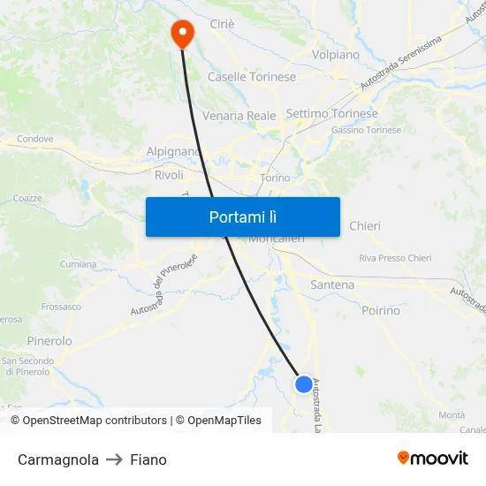 Carmagnola to Fiano map