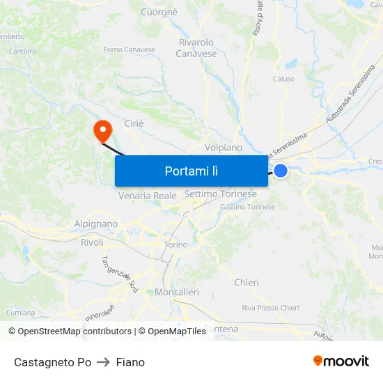 Castagneto Po to Fiano map
