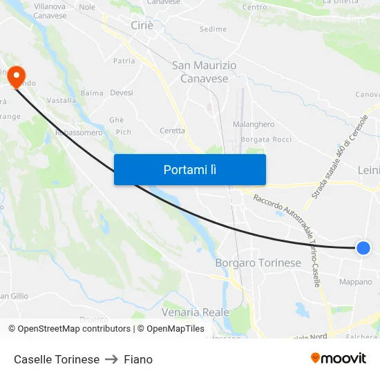 Caselle Torinese to Fiano map