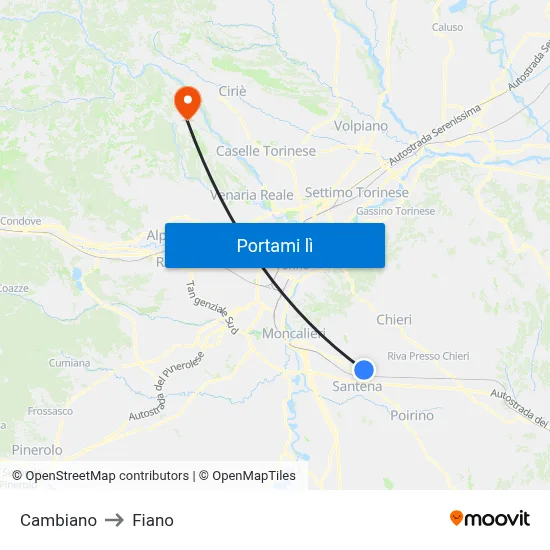 Cambiano to Fiano map