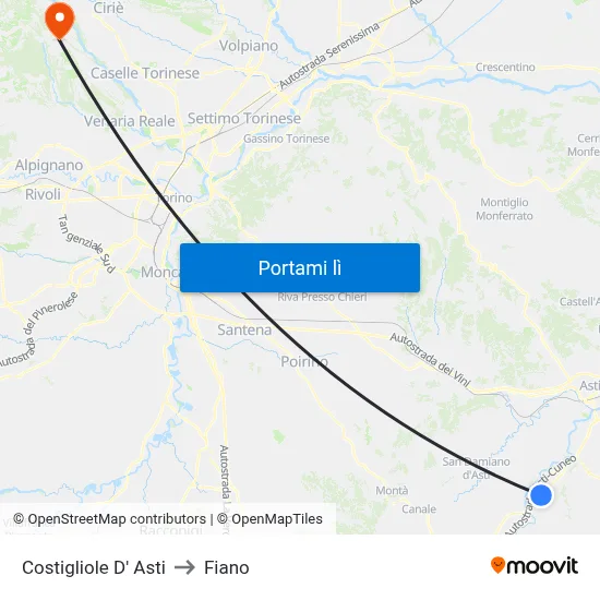 Costigliole D' Asti to Fiano map