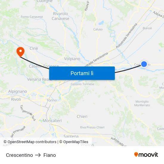 Crescentino to Fiano map