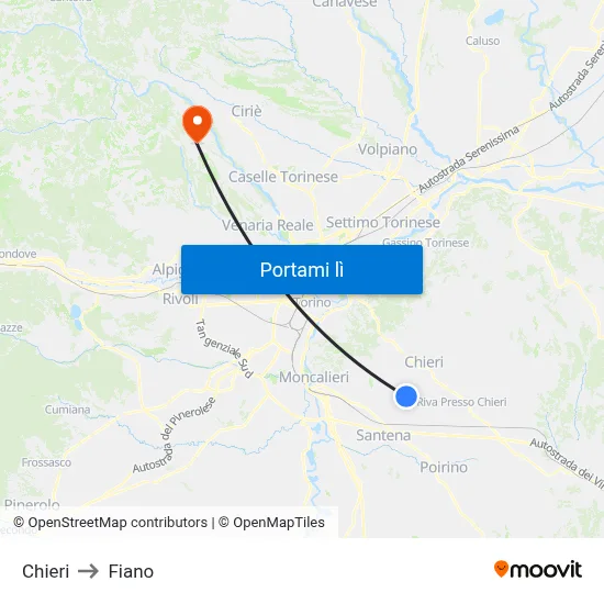 Chieri to Fiano map