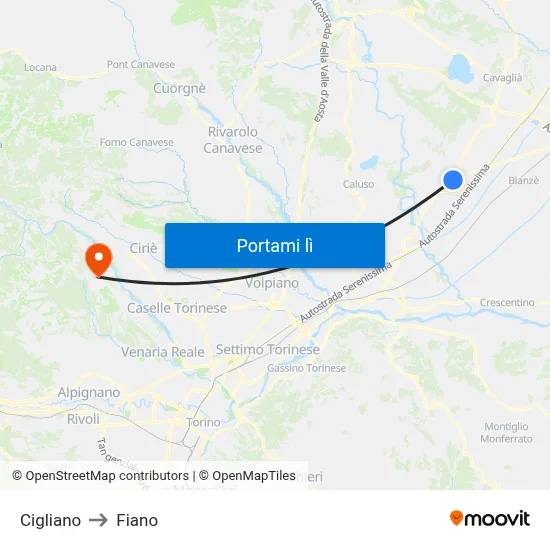 Cigliano to Fiano map
