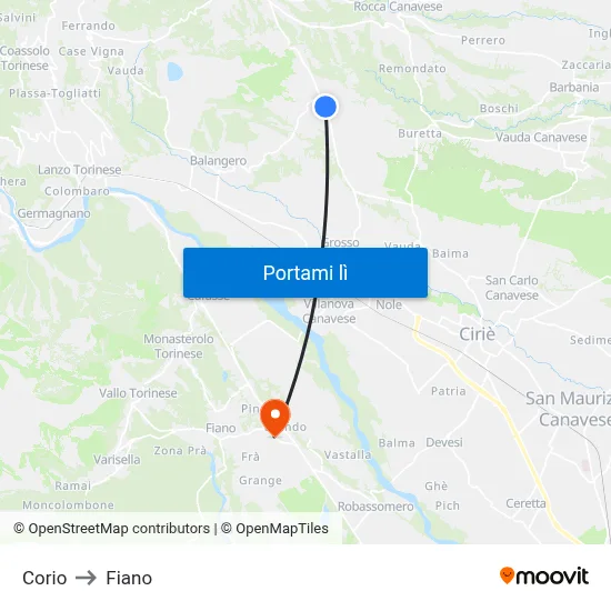 Corio to Fiano map