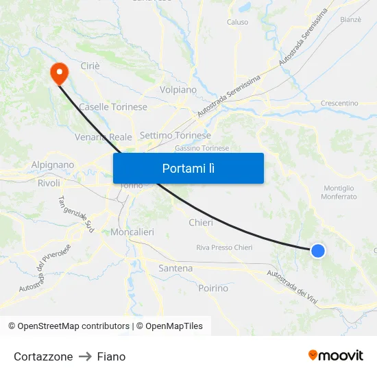 Cortazzone to Fiano map