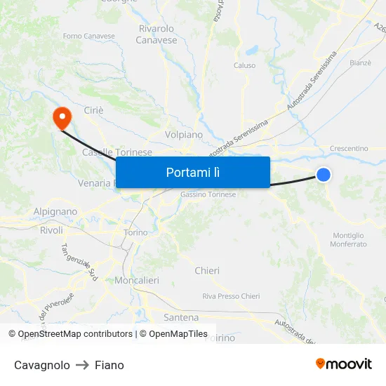 Cavagnolo to Fiano map