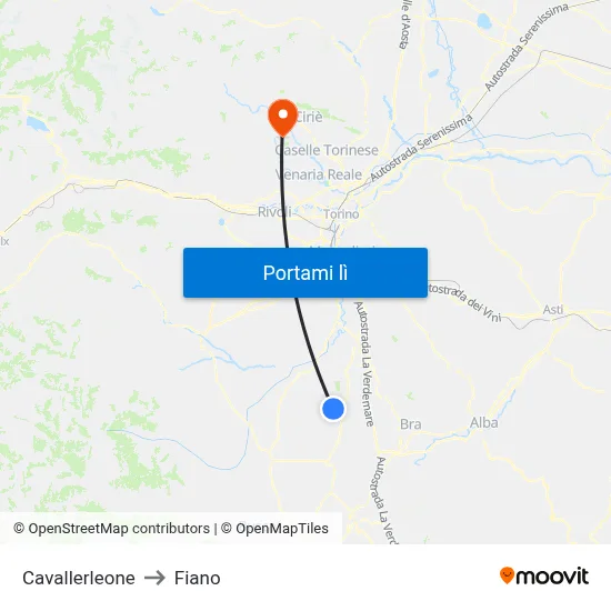 Cavallerleone to Fiano map
