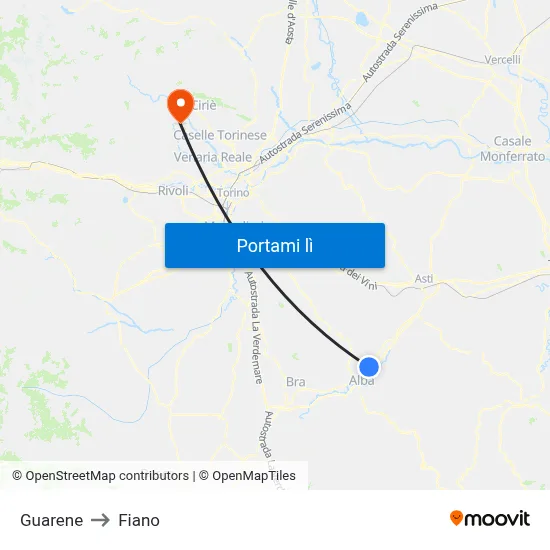 Guarene to Fiano map