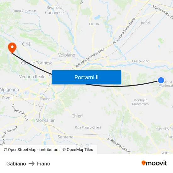 Gabiano to Fiano map