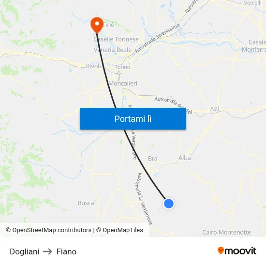 Dogliani to Fiano map