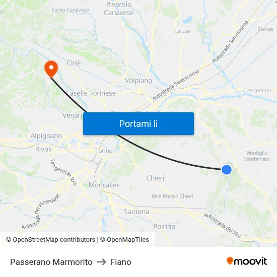 Passerano Marmorito to Fiano map