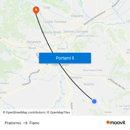 Pralormo to Fiano map