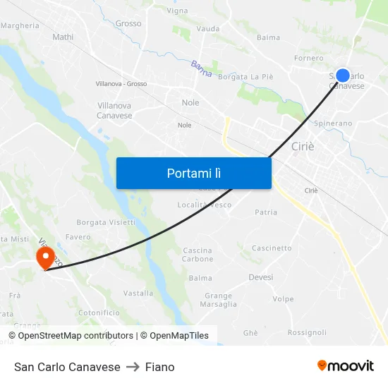 San Carlo Canavese to Fiano map