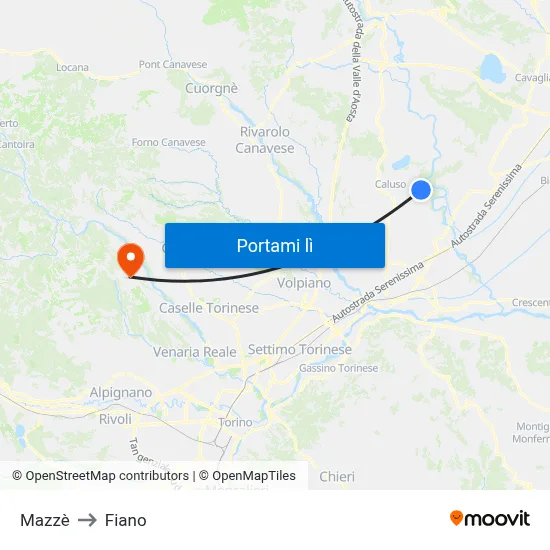 Mazzè to Fiano map