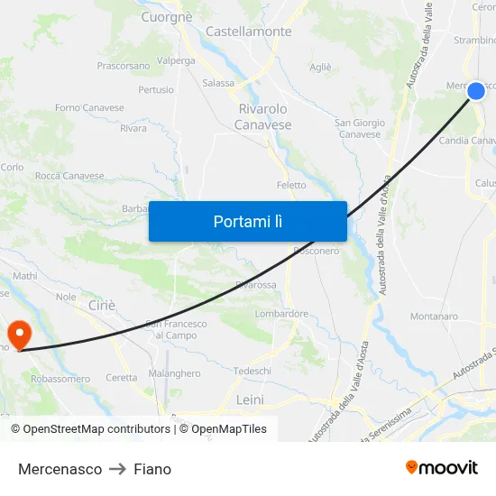 Mercenasco to Fiano map