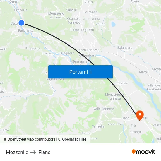 Mezzenile to Fiano map