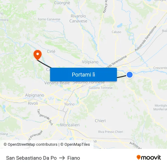 San Sebastiano Da Po to Fiano map