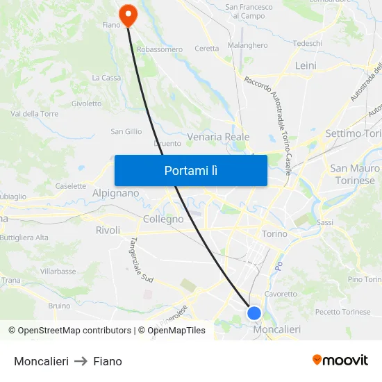 Moncalieri to Fiano map