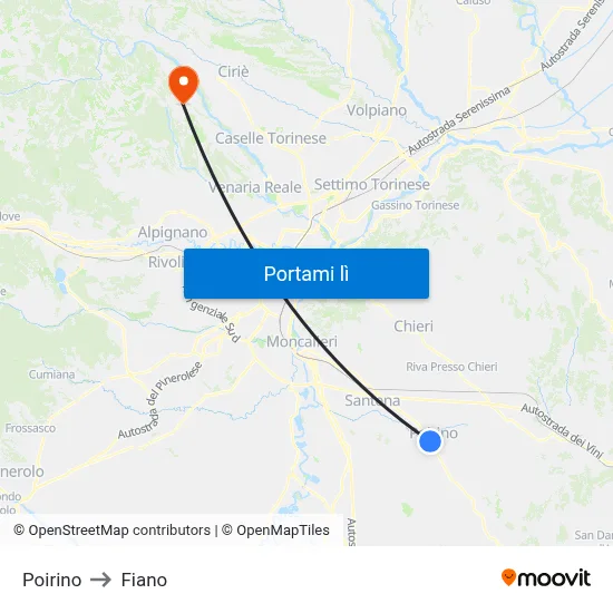 Poirino to Fiano map