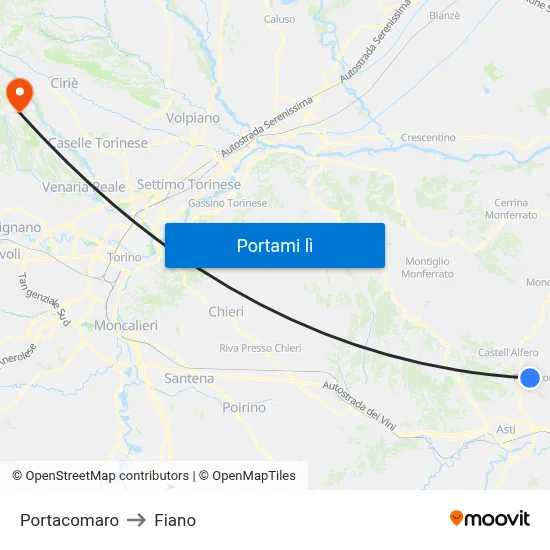 Portacomaro to Fiano map