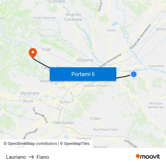 Lauriano to Fiano map