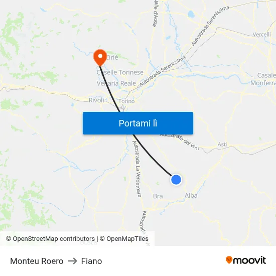 Monteu Roero to Fiano map
