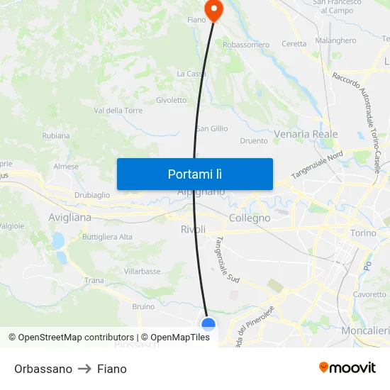 Orbassano to Fiano map