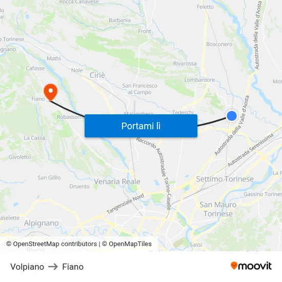 Volpiano to Fiano map