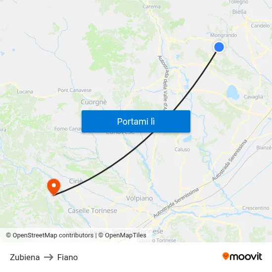 Zubiena to Fiano map