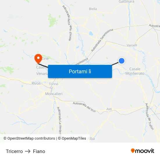 Tricerro to Fiano map