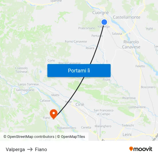 Valperga to Fiano map