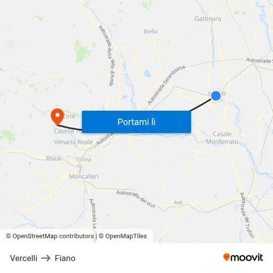 Vercelli to Fiano map