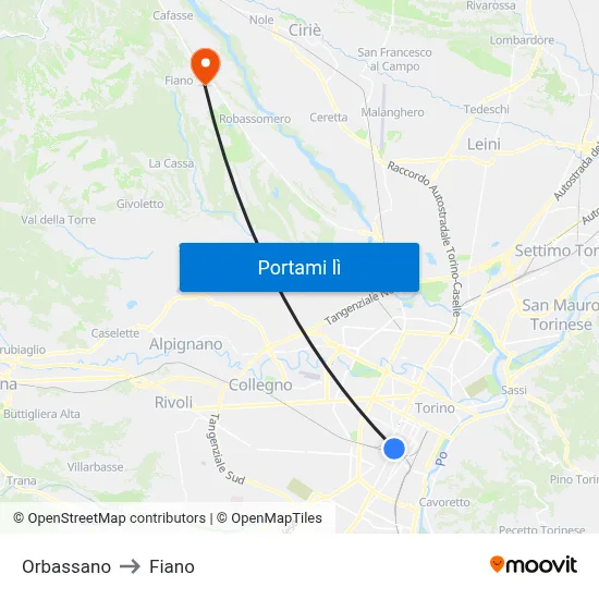 Orbassano to Fiano map