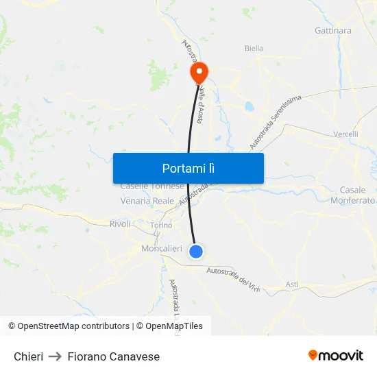 Chieri to Fiorano Canavese map