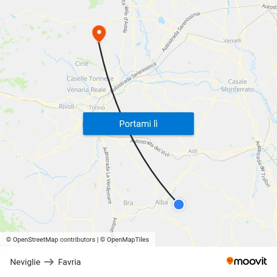 Neviglie to Favria map