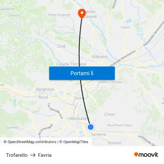 Trofarello to Favria map