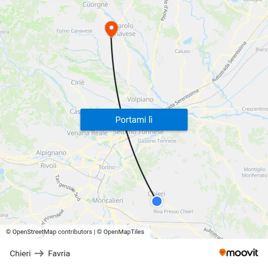 Chieri to Favria map
