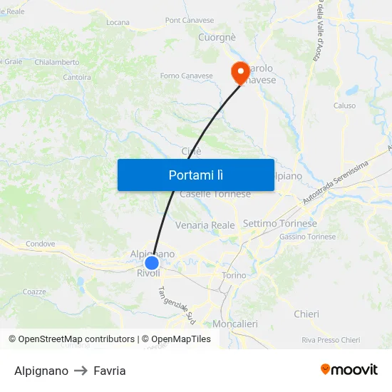 Alpignano to Favria map
