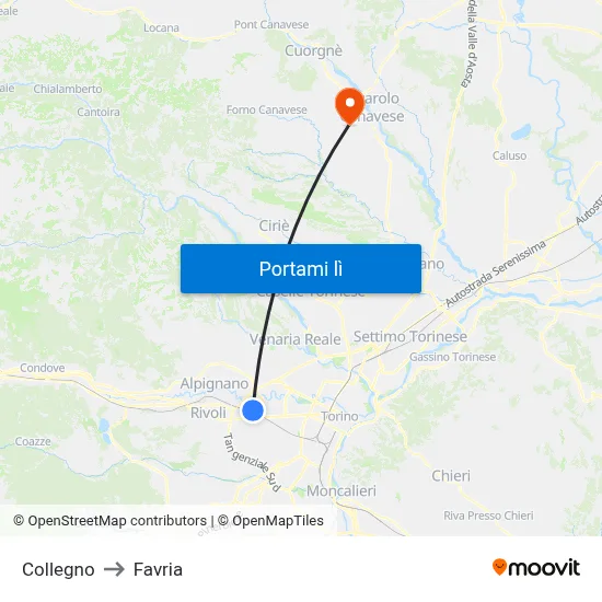 Collegno to Favria map