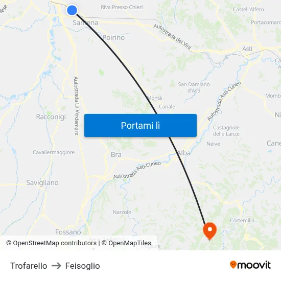 Trofarello to Feisoglio map