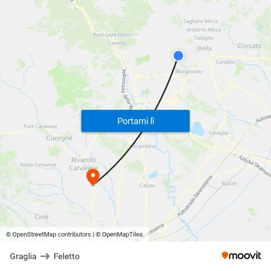 Graglia to Feletto map